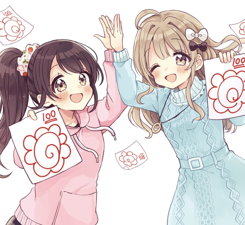 2girls ;d ahoge arm_up belt belt_buckle black_bow blue_belt blue_dress blush bow brown_eyes brown_hair buckle commentary_request copyright_request drawstring dress food_print hair_bow hair_intakes hair_ornament hair_scrunchie high_five highres holding hood hood_down hoodie long_hair long_sleeves multiple_girls one_eye_closed pink_hoodie puffy_long_sleeves puffy_sleeves sakura_oriko scrunchie side_ponytail simple_background smile strawberry_print white_background white_bow white_scrunchie