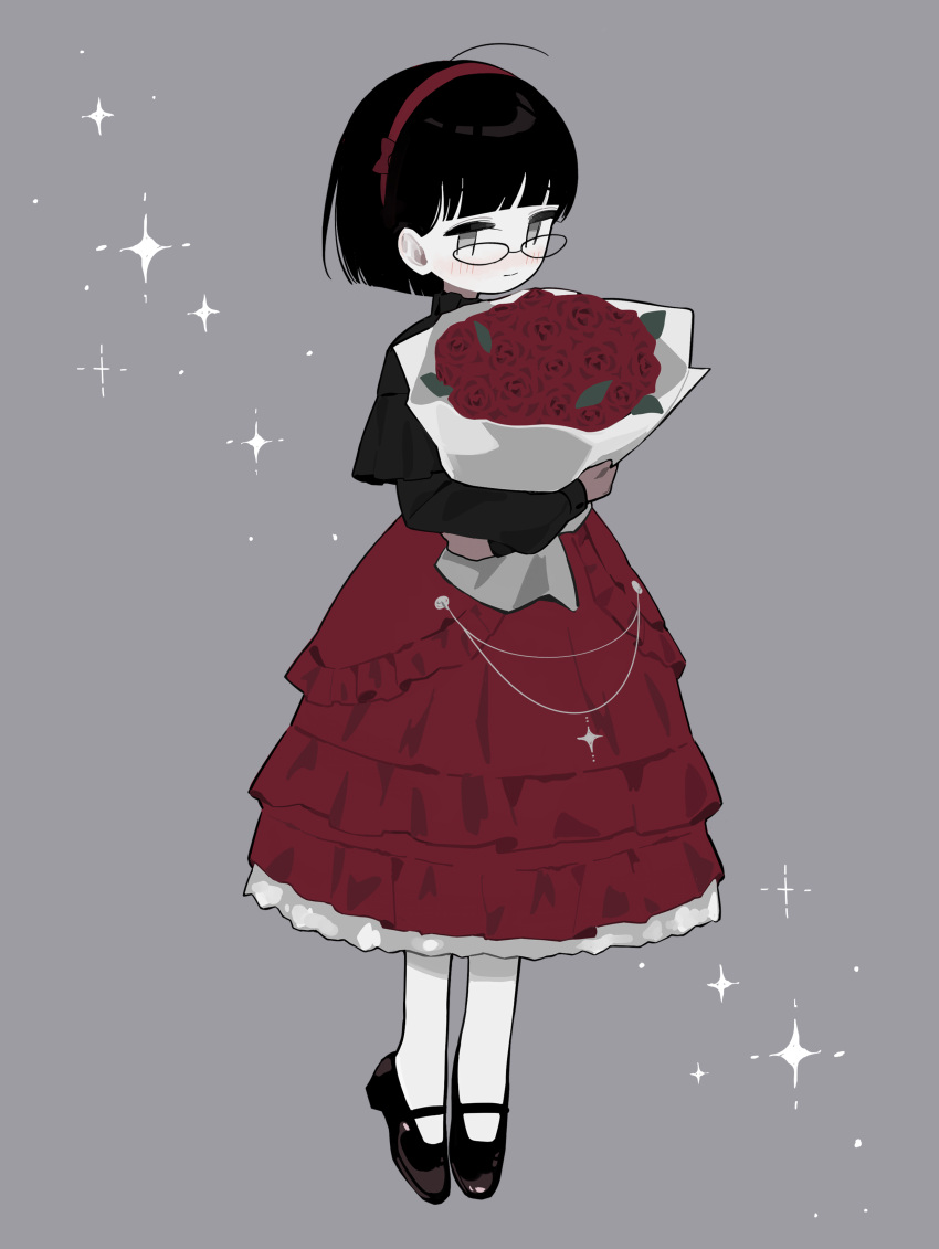 1girl absurdres black-framed_eyewear black_footwear black_hair black_shirt blunt_bangs blunt_ends blush bouquet bow bow_hairband closed_mouth commentary_request floating flower full_body glasses grey_background grey_eyes hairband highres holding holding_bouquet layered_skirt light_smile long_sleeves mary_janes myomuron original pale_skin pantyhose red_bow red_flower red_hairband red_rose red_skirt rose shirt shoes short_hair simple_background skirt solo sparkle white_pantyhose