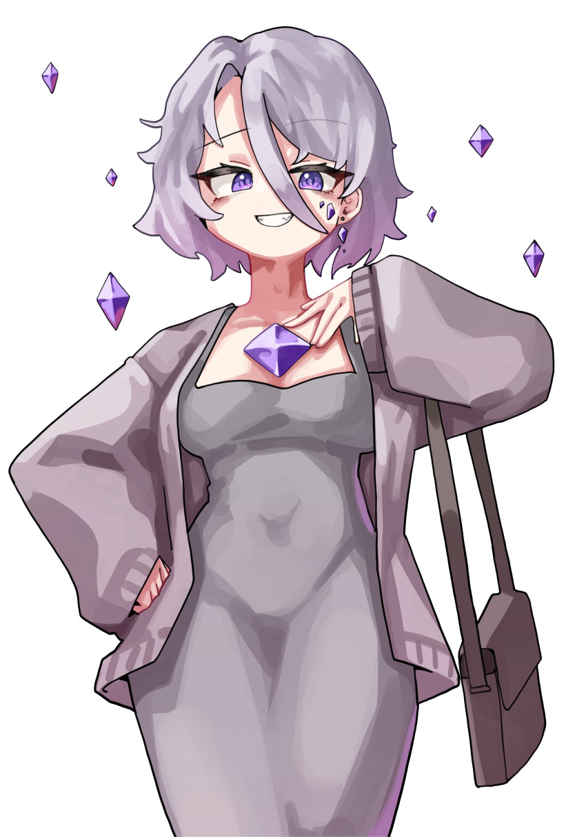 1girl absurdres bag breasts chest_jewel covered_navel dongtan_dress gem grey_hair grey_jacket hair_between_eyes hand_on_own_hip handbag highres hololive hololive_english jacket jadea5124 looking_at_viewer mature_female medium_breasts meme_attire momseki_(koseki_bijou) purple_eyes short_hair