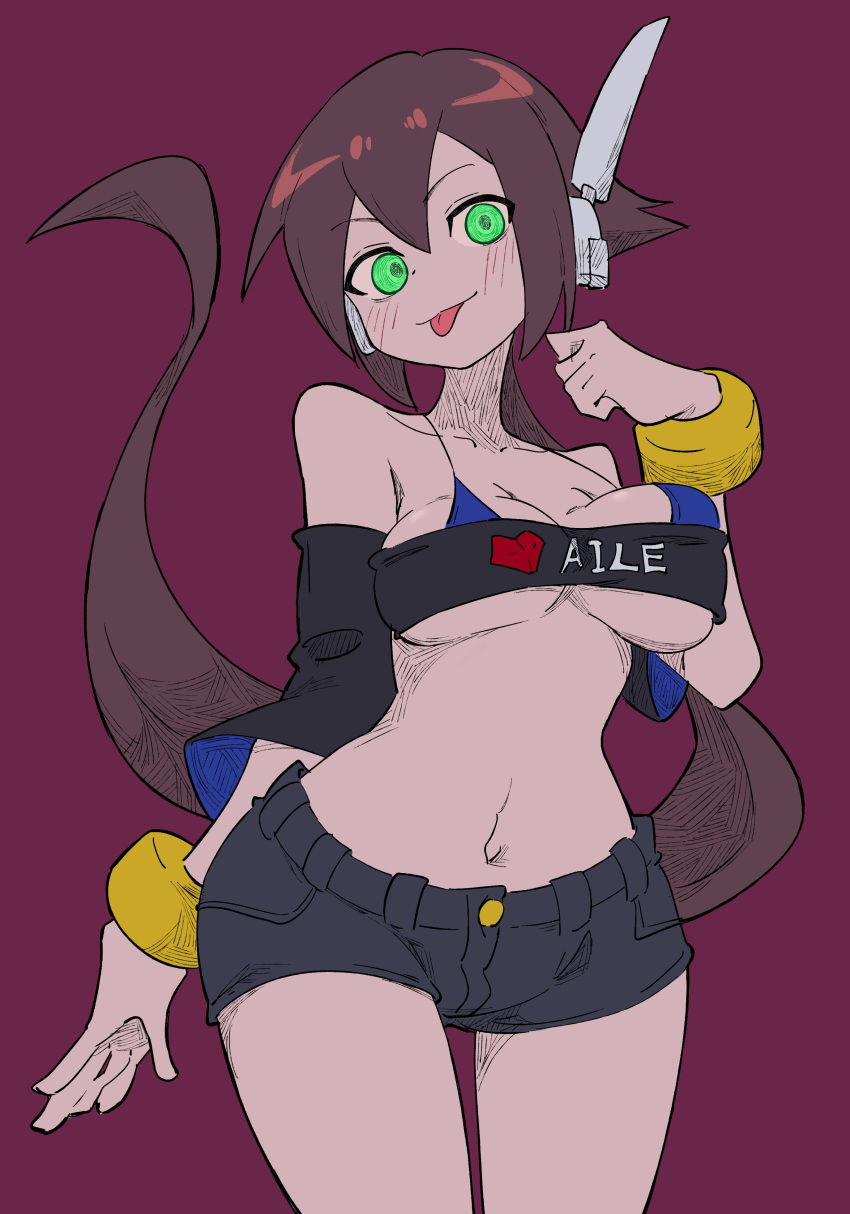 1girl absurdres aile_(mega_man_zx) bikini bikini_top_only bikini_under_clothes black_shorts black_sleeves black_tube_top blue_bikini blush breasts brown_hair buzzlyears character_name cleavage detached_sleeves green_eyes highres large_breasts long_hair looking_at_viewer mega_man_(series) mega_man_zx mega_man_zx_advent midriff ponytail purple_background revealing_clothes robot_ears shorts simple_background solo strapless swimsuit tongue tongue_out tube_top underboob