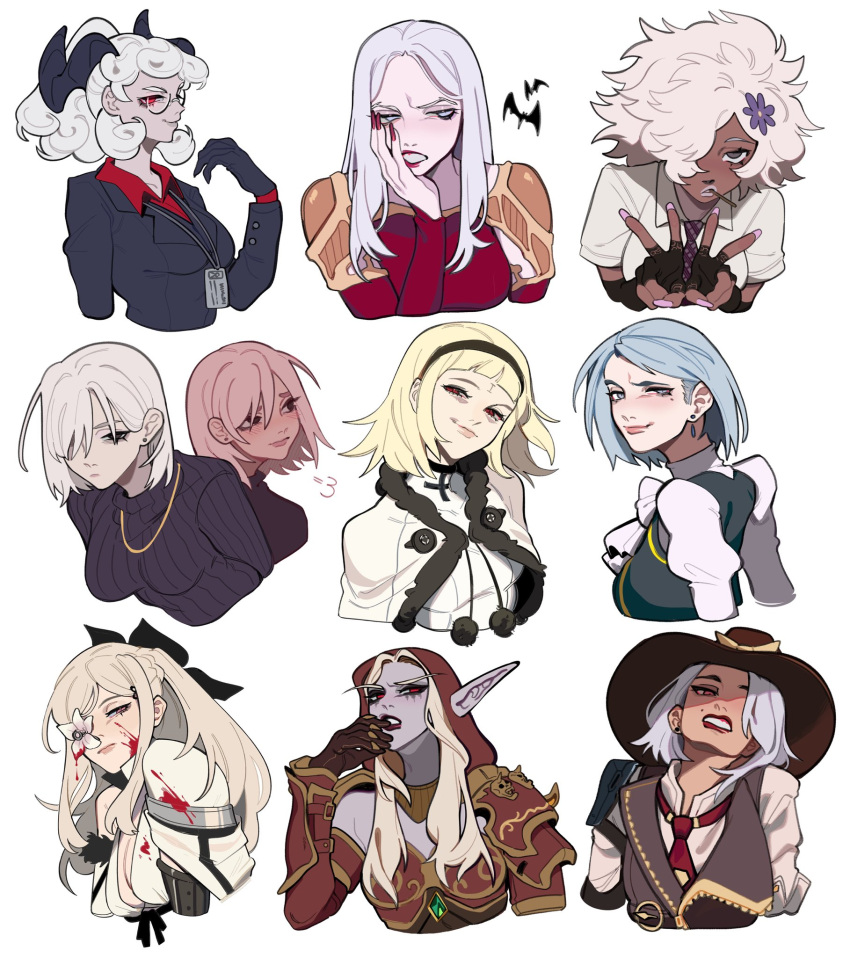 6+girls ace_attorney ashe_(league_of_legends) black_horns blonde_hair blood blue_hair bow cape capelet carmilla_(castlevania) castlevania_(netflix) castlevania_(series) character_request colored_skin copyright_request demon_horns drag-on_dragoon drag-on_dragoon_3 dress elf fingernails fiona_frost flower flower_over_eye franziska_von_karma glasses gloves hair_bow hairband hat helltaker high_elf_(warcraft) highres hood horns long_eyebrows long_hair looking_at_viewer lunar_tear multiple_girls one_(drag-on_dragoon) overwatch pandemonica_(helltaker) pointy_ears porqueloin red_eyes red_lips roman_numeral short_hair spy_x_family sylvanas_windrunner vampire warcraft white_background white_cape white_capelet white_hair world_of_warcraft zero_(drag-on_dragoon)