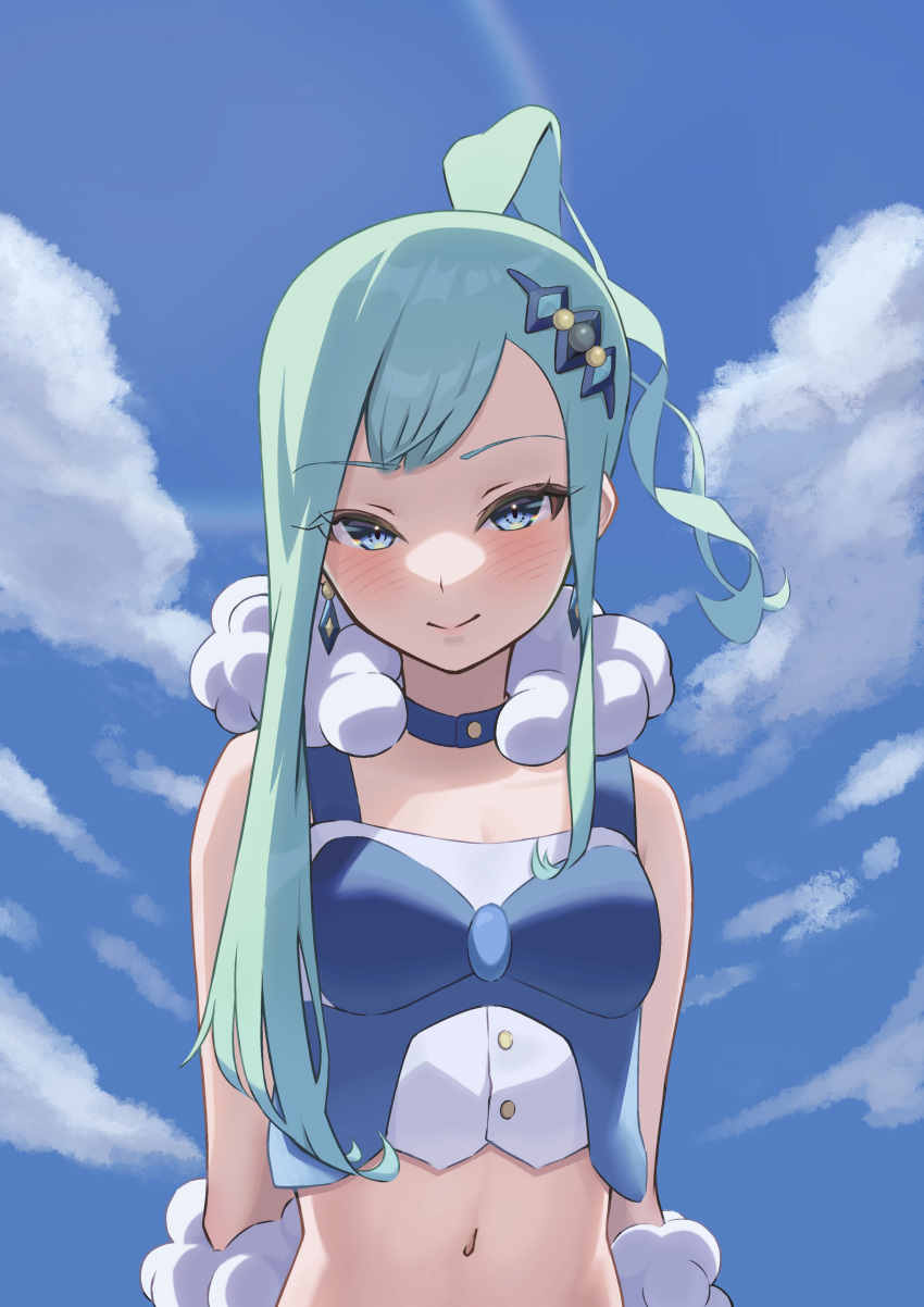 1girl absurdres arm_warmers blue_collar blue_eyes blue_vest blush buttons closed_mouth cloud collar commentary_request crop_top day earrings eyelashes fur_scarf green_hair highres jewelry kenchamanpoi lisia_(pokemon) long_hair looking_at_viewer midriff navel outdoors pokemon pokemon_oras shirt sidelocks sky sleeveless smile solo stomach upper_body vest white_shirt