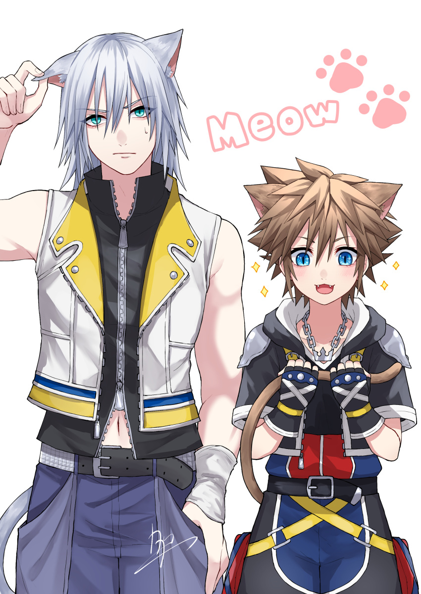 2boys absurdres animal_ears arm_up belt black_belt black_jacket black_vest blue_eyes blue_pants blush brown_hair cat_boy cat_day cat_ears cat_tail chain_necklace clenched_hands commentary cropped_jacket english_text fangs grabbing_own_tail grey_hair hand_in_pocket hand_on_own_ear hands_up happy high_collar highres hood hooded_jacket jacket jewelry kagachi_118 kingdom_hearts kingdom_hearts_ii male_focus medium_hair multiple_boys navel necklace open_clothes open_jacket open_mouth pants paw_print pinching riku_(kingdom_hearts) short_hair signature simple_background sleeveless slit_pupils smile sora_(kingdom_hearts) sparkle spiked_hair studded_belt sweatdrop tail tail_grab upper_body vest white_background white_vest white_wristband wristband zipper