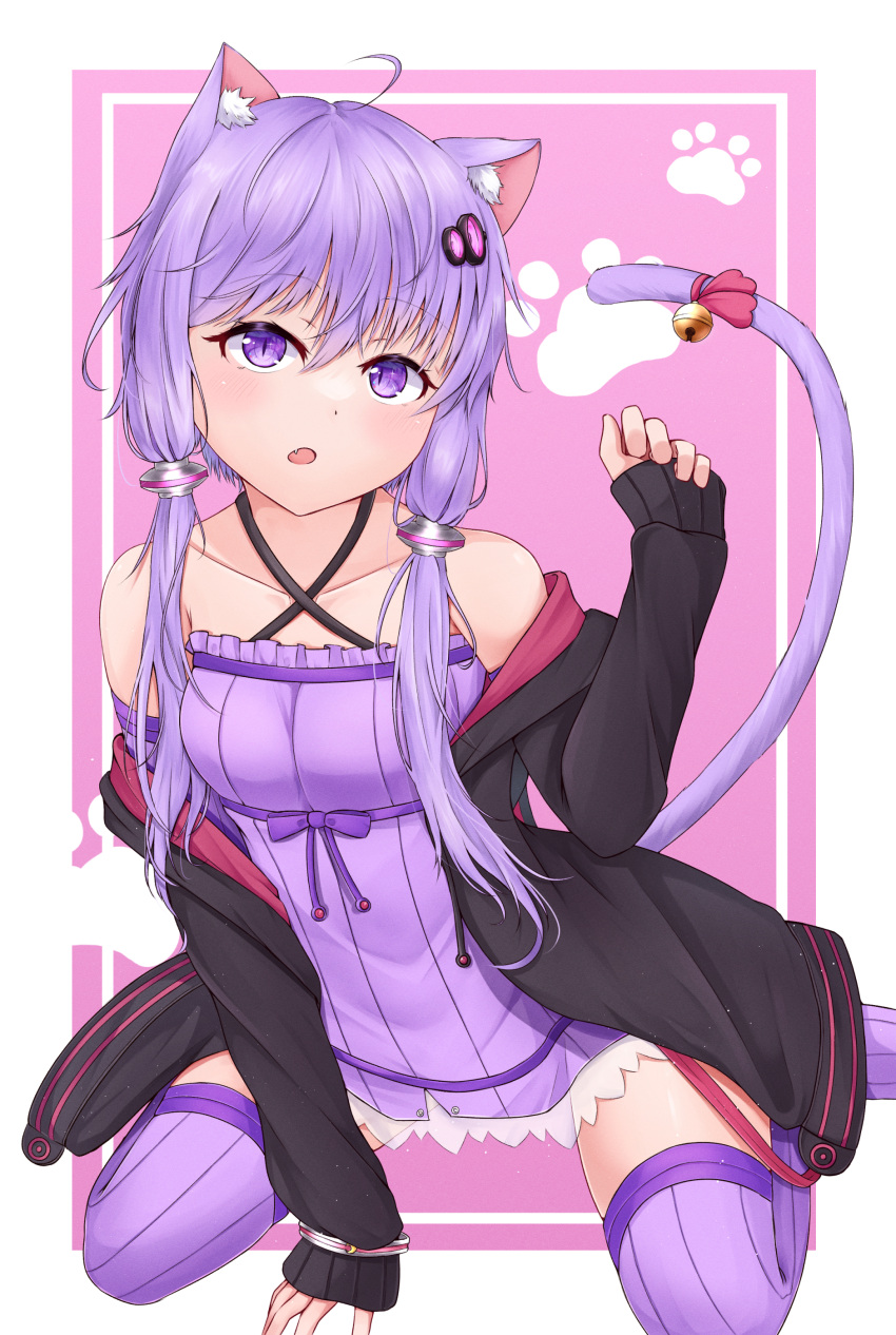 1girl :o absurdres animal_ear_hood animal_ears bare_shoulders bell between_legs black_jacket blush breasts cat_ears cat_girl cat_tail clenched_hand criss-cross_halter dress fang frilled_dress frills full_body hair_between_eyes hair_ornament hairpin halterneck hand_between_legs hand_up highres hood hooded_jacket jacket kemonomimi_mode leaning_forward leaning_to_the_side legs_apart long_hair long_sleeves looking_at_viewer off_shoulder open_clothes open_jacket paw_pose paw_print paw_print_background purple_dress purple_eyes purple_hair shirua_(s4-42424) slit_pupils small_breasts solo spread_legs staring strapless strapless_dress striped_clothes striped_dress tail tail_bell tail_ornament thighhighs tube_dress twintails vertical-striped_clothes vertical-striped_dress vocaloid yuzuki_yukari