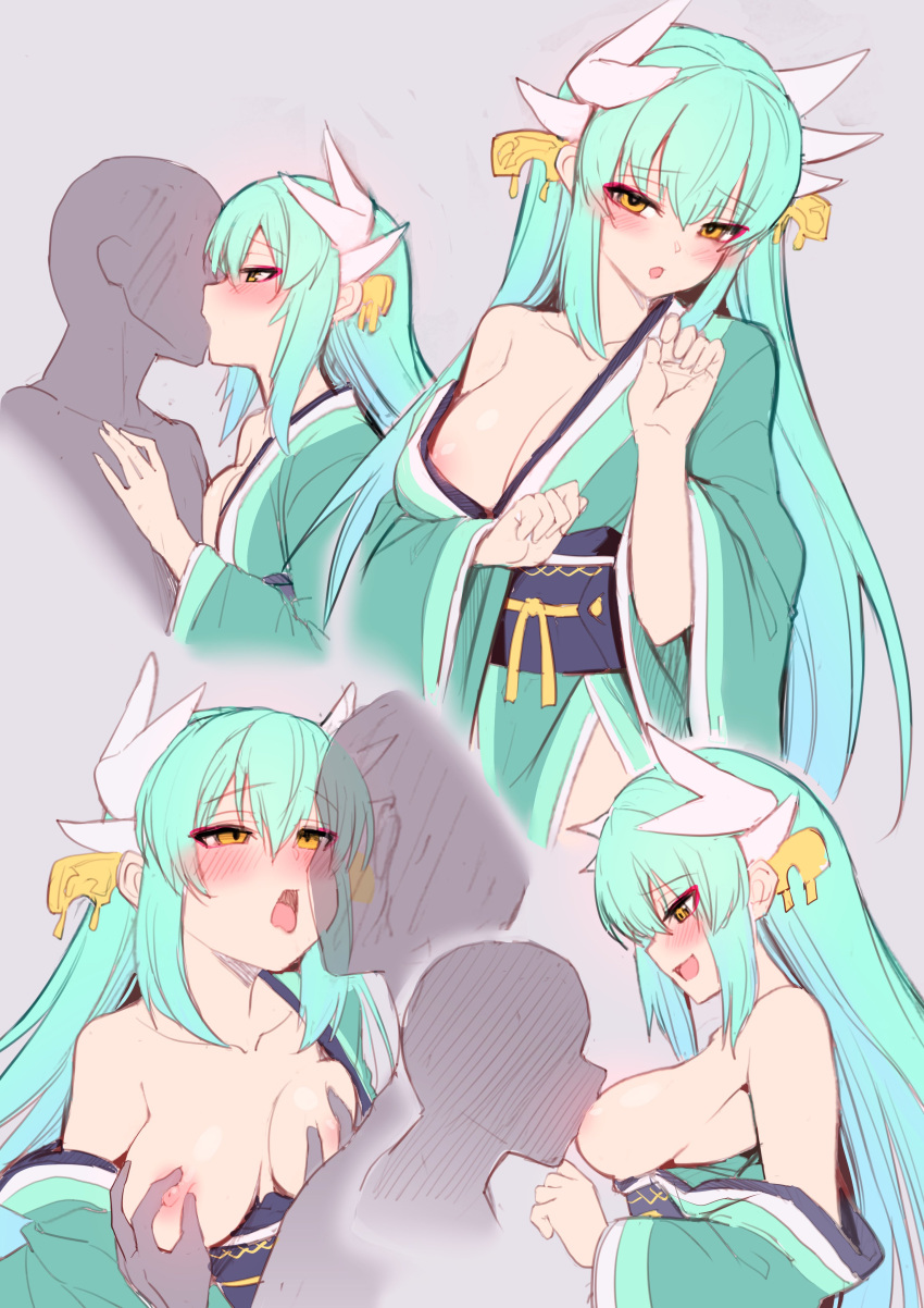 1boy 1girl absurdres breast_sucking dragon_girl dragon_horns fate/grand_order fate_(series) grabbing grabbing_another's_breast green_hair grey_background groping highres horns japanese_clothes kimono kiss kiyohime_(fate) long_hair long_sleeves looking_at_viewer nipples open_mouth simple_background smile wisespeak yellow_eyes