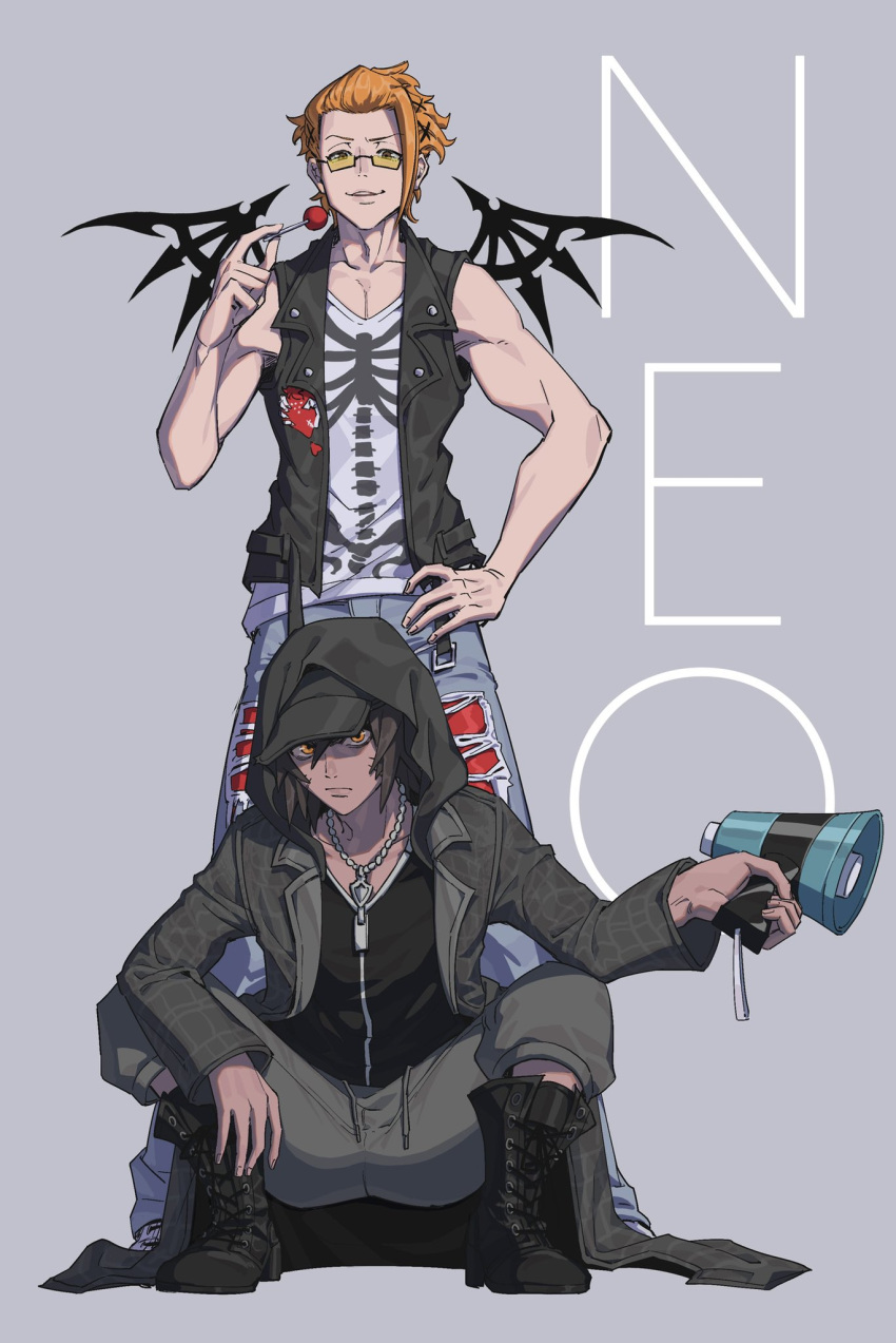 2boys black_jacket black_wings boots brown_hair dark-skinned_male dark_skin english_text glasses grey_background hair_ornament hairclip hand_on_own_hip hat highres holding holding_megaphone hood hood_up hoodie jacket jewelry kariya_koki looking_at_viewer male_focus megaphone minamimoto_shou multiple_boys necklace ohji130 orange_eyes orange_hair pants shin_subarashiki_kono_sekai shirt simple_background skeleton_print sleeveless sleeveless_jacket sleeveless_shirt smile squatting standing subarashiki_kono_sekai sweatpants torn_clothes torn_pants white_shirt wings x_hair_ornament