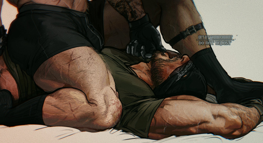 2boys bara beard bed blush bulge call_of_duty call_of_duty:_modern_warfare_2 cream_background facial_hair ghost_(modern_warfare_2) gloves hairy hand_on_another's_chin highres implied_yaoi legband male_focus male_swimwear manly mask mature_male multiple_boys on_bed open_mouth saliva scar shirt simple_background sitting sitting_on_person soap_(modern_warfare_2) socks swim_briefs tattoo umikochannart yaoi