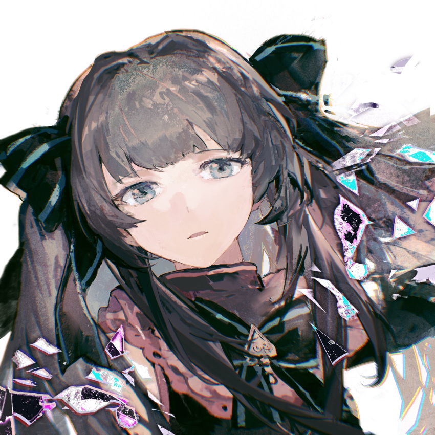 1girl arcaea bare_shoulders black_bow black_bowtie black_dress black_hair black_sleeves blue_eyes blunt_bangs bow bowtie collar collared_dress crystal detached_sleeves dress expressionless eyelashes frilled_collar frills hair_bow highres lobelia_(saclia) long_hair outstretched_arm parted_lips simple_background sleeveless sleeveless_dress solo tairitsu_(arcaea) turtleneck_dress twintails upper_body white_background