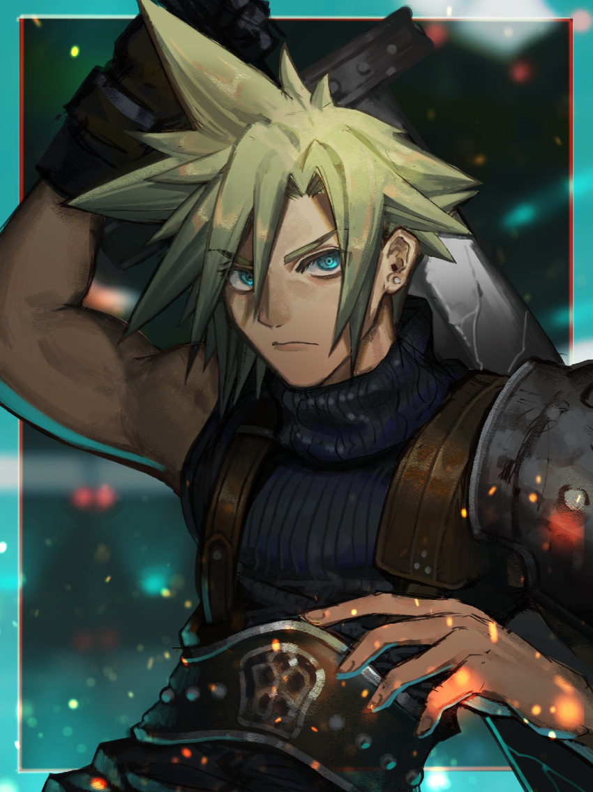 1boy armor blonde_hair blue_eyes blurry blurry_background buster_sword cloud_strife earrings embers final_fantasy final_fantasy_vii gloves highres holding holding_sword holding_weapon jewelry jumpsuit looking_at_viewer male_focus ohji130 purple_jumpsuit short_hair shoulder_armor sleeveless sleeveless_turtleneck solo spiked_hair suspenders sword turtleneck weapon