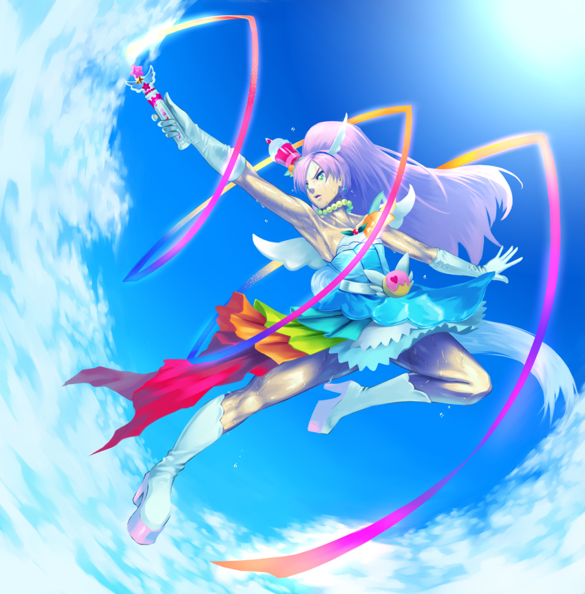 1girl armpits bare_shoulders berry choker cloud commentary_request cure_parfait doi_tabasuko dress elbow_gloves food food-themed_hair_ornament fruit gloves hair_ornament highres holding kirakira_precure_a_la_mode leaf long_hair orange_(fruit) pearl_choker precure solo strapless strapless_dress tail white_footwear white_wings wings