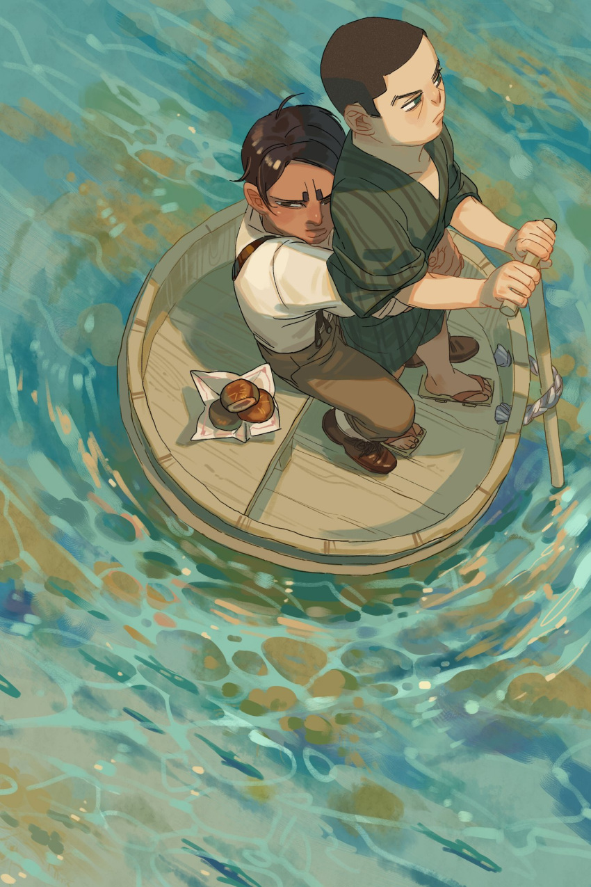 2boys aged_down blue_background boat brown_eyes brown_footwear brown_hair brown_pants chengongzi123 child closed_mouth dark-skinned_male dark_skin food from_above fukumaru_koito full_body geta golden_kamuy green_eyes green_kimono highres holding hug hug_from_behind japanese_clothes kimono long_sleeves looking_to_the_side male_focus multiple_boys outdoors pants short_hair sitting standing suspenders tarai_bune tsukishima_hajime very_short_hair water watercraft wide_shot wide_sleeves