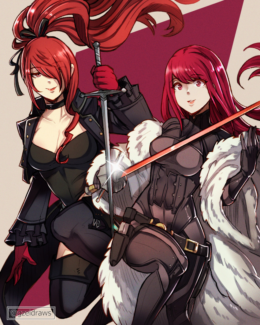 2girls alternate_hairstyle black_jacket bodysuit breasts cleavage cosplay costume_switch crossover fur_jacket fur_trim gloves gzei hair_over_one_eye hair_ribbon hairstyle_switch highres jacket kirijou_mitsuru long_hair long_sleeves multiple_girls persona persona_3 persona_4:_the_ultimate_in_mayonaka_arena persona_4:_the_ultimax_ultra_suplex_hold persona_5 persona_5_the_royal ponytail rapier red_eyes red_gloves red_hair ribbon smile sword thighhighs weapon yoshizawa_kasumi