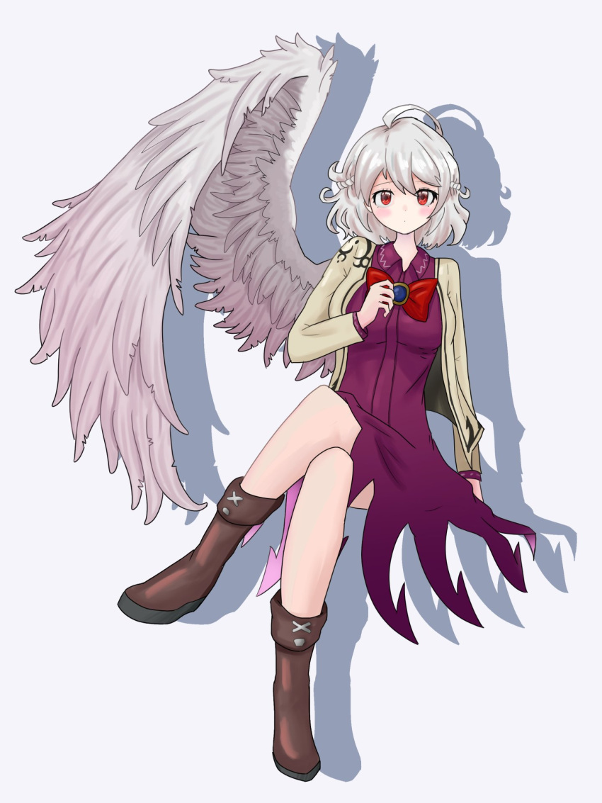 1girl ahoge blush bow bowtie brown_footwear dress full_body grey_background grey_hair grey_wings highres kishin_sagume looking_at_viewer purple_dress red_bow red_bowtie red_eyes shizen11037 short_hair simple_background single_wing solo touhou vest white_vest wings