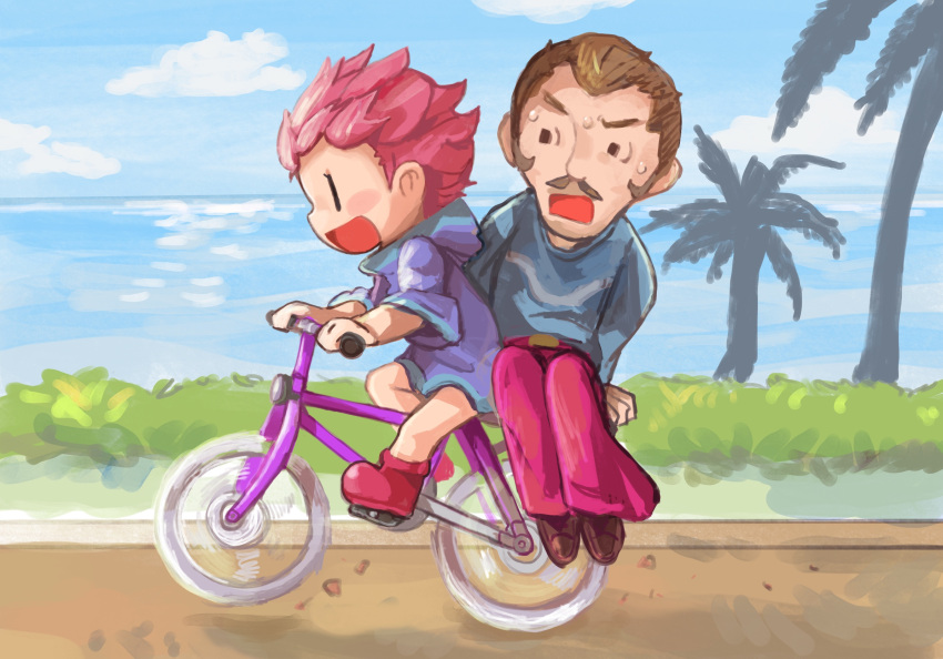 1boy 1girl bicycle boots brown_eyes buchi0122 bush duster_(mother) from_side highres hood hood_down kumatora mother_(game) mother_3 palm_tree pants pink_footwear pink_hair riding riding_bicycle shirt short_hair tree water
