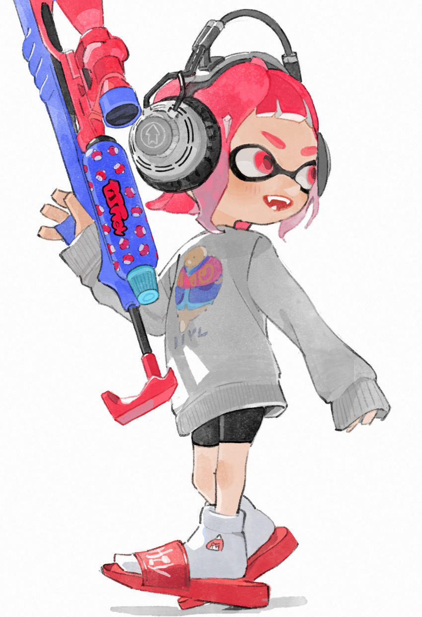 absurdres earmuffs highres holding holding_toy long_sleeves looking_to_the_side shorts slippers socks splatoon_(series) sweater toy watamoke water_gun white_socks