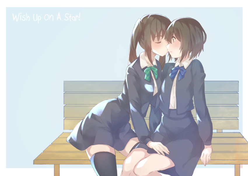 2girls bench blush bow bowtie closed_eyes eichan_(eichanidfi) hand_on_another's_lap highres kiss light_blush looking_at_another multiple_girls original twintails yuri zettai_ryouiki