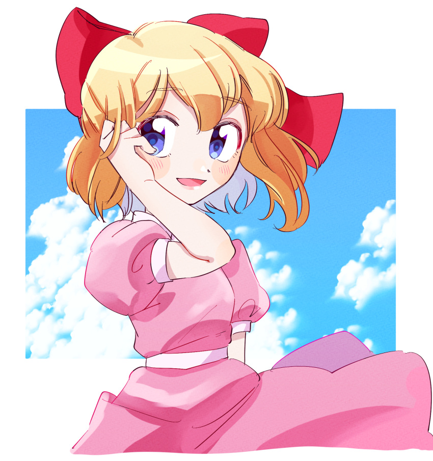 1girl artist_name blonde_hair blue_eyes bow child cyappy1022 dress hair_between_eyes hair_bow happy highres long_bangs mother_(game) mother_2 open_mouth paula_(mother_2) pink_dress short_hair sky smile solo