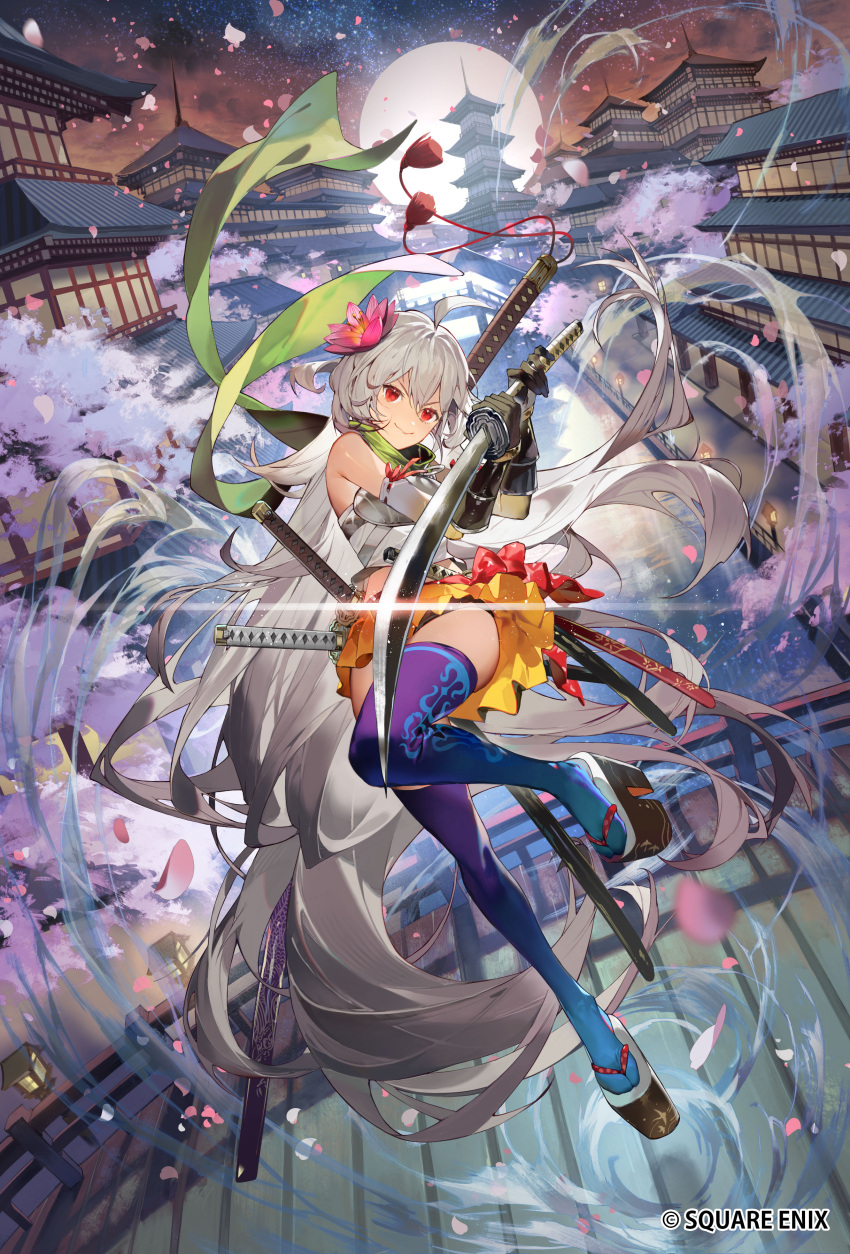 1boy 1girl absurdres ahoge bare_shoulders blue_thighhighs breasts closed_mouth elbow_gloves emperors_saga flower full_body gloves green_scarf hair_between_eyes hair_flower hair_ornament highres holding holding_sword holding_weapon jumping katana kazeto knee_up long_hair looking_at_viewer maka_(saga) medium_breasts midriff multiple_swords official_art platform_footwear red_eyes saga sandals scabbard scarf sheath shorts skirt smile solo square_enix sword thighhighs watermark weapon white_hair yellow_skirt