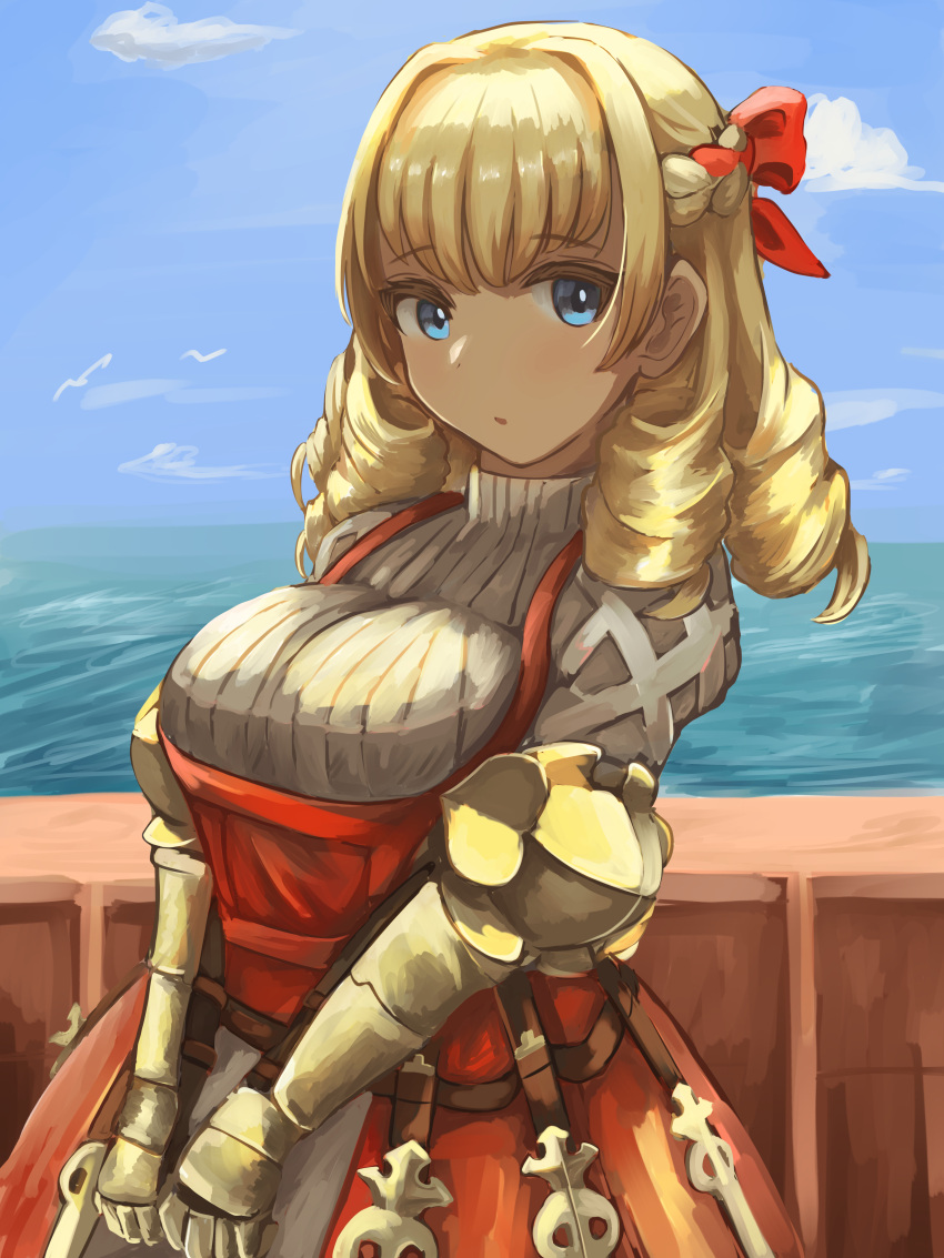 1girl :o absurdres black_gloves blonde_hair blue_eyes blue_sky bow braid breasts cloud curly_hair day dress drill_hair elbow_gloves french_braid gauntlets gloves hair_bow hair_intakes hair_ribbon highres higure_yuu juliet_sleeves large_breasts long_hair long_sleeves ocean open_mouth outdoors pinafore_dress puffy_sleeves red_dress red_ribbon ribbed_sweater ribbon scarlett_(unicorn_overlord) sky sleeveless sleeveless_dress solo sweater turtleneck turtleneck_sweater unicorn_overlord v_arms water white_sweater