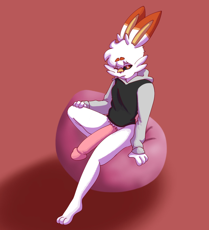 anthro aster_greentea bean_bag big_penis bottomless clothed clothing generation_8_pokemon genitals hi_res hoodie hoodie_only looking_at_viewer male nintendo one_eye_closed penis pokemon pokemon_(species) scorbunny sitting smile solaris_(btwalexhere) solo solo_focus topwear topwear_only wink