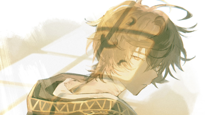 1boy ahoge bishounen brown_hair cowboy_shot dappled_sunlight from_behind granblue_fantasy hair_between_eyes highres hood hood_down light light_particles light_rays male_focus messy_hair parted_lips red_eyes sandalphon_(granblue_fantasy) short_hair solo_focus squinting sunlight t_of_game upper_body