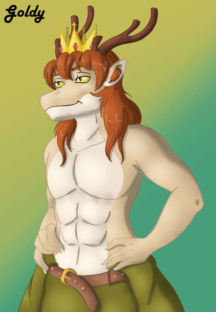 abs absurd_res anthro antlers athletic athletic_male bare_chest belt claws crown dragon goldyoldie hands_on_hips headgear hi_res horn male mane medieval medieval_clothing muscular muscular_male mythological_creature mythological_scalie mythology pecs prince prince_borgon royalty scalie shirtless sketch solo