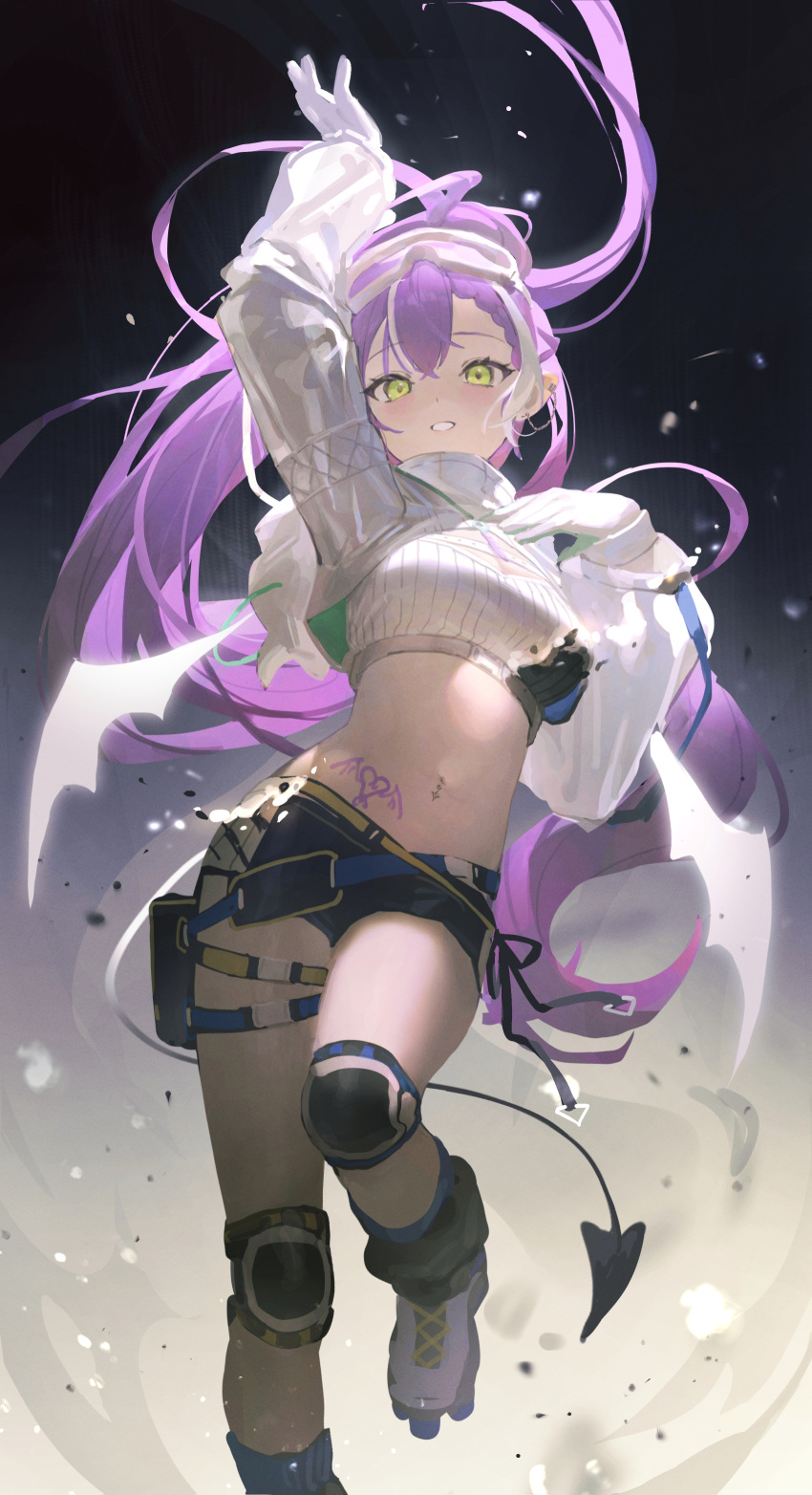 1girl absurdres black_shorts breasts cleavage cleavage_cutout clothing_cutout crop_top demon_tail foot_out_of_frame gloves goggles goggles_on_head highres hip_tattoo hololive knee_pads long_hair midriff mr.lime multicolored_hair navel navel_piercing piercing purple_hair shirt shorts solo tail tokoyami_towa tokoyami_towa_(5th_costume) two-tone_hair white_gloves white_hair white_shirt