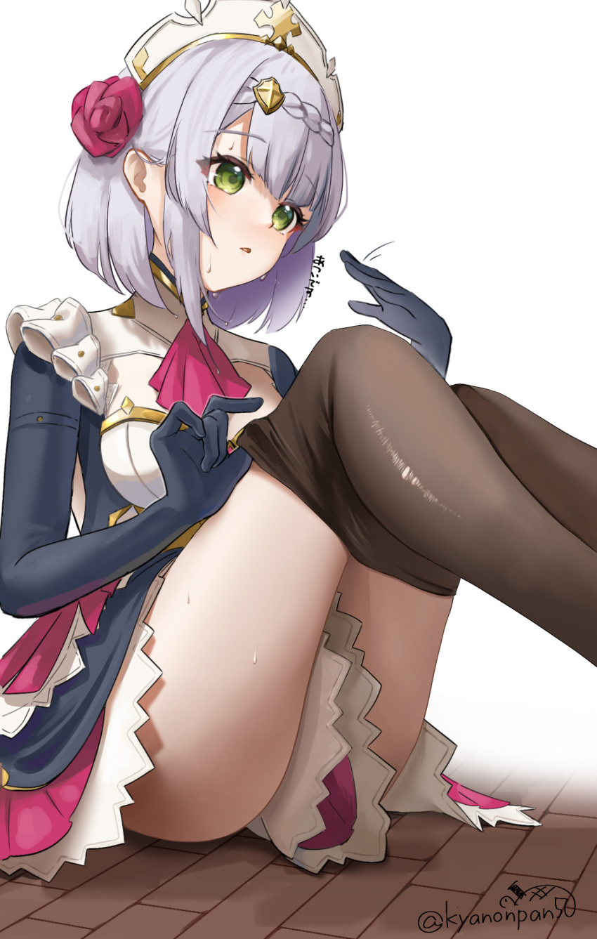 1girl artist_name ascot black_bodysuit black_dress black_pantyhose blush bodysuit braid commentary_request crown_braid dress flower genshin_impact green_eyes grey_hair highres knees_up kyanonpan50 looking_ahead noelle_(genshin_impact) open_mouth pantyhose pantyhose_around_legs red_ascot red_flower red_rose rose short_hair simple_background sitting solo thick_thighs thighs torn_clothes torn_pantyhose white_background