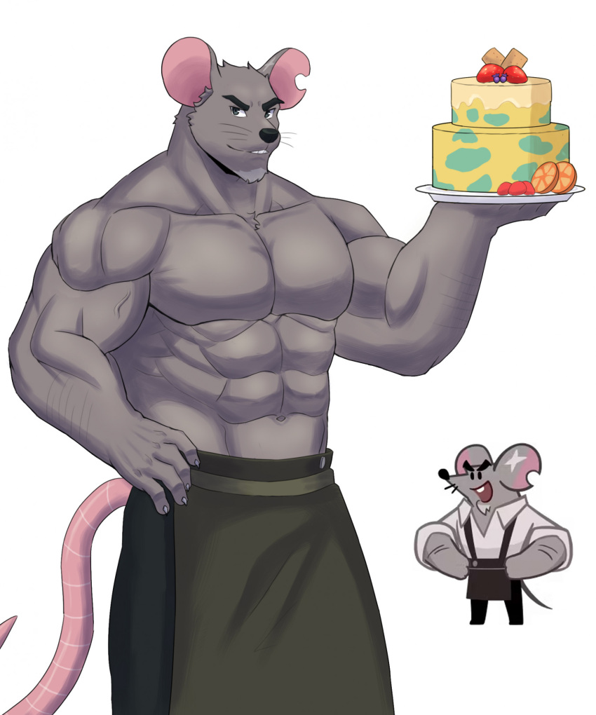 2024 anthro apron biped bottomwear cake cheesemaster_(cookie_run) clothing cookie_run dessert food grey_body hi_res humanoid_hands male mammal murid murine muscular muscular_male pants pecs rat rodent simple_background solo tricksterwulf white_background