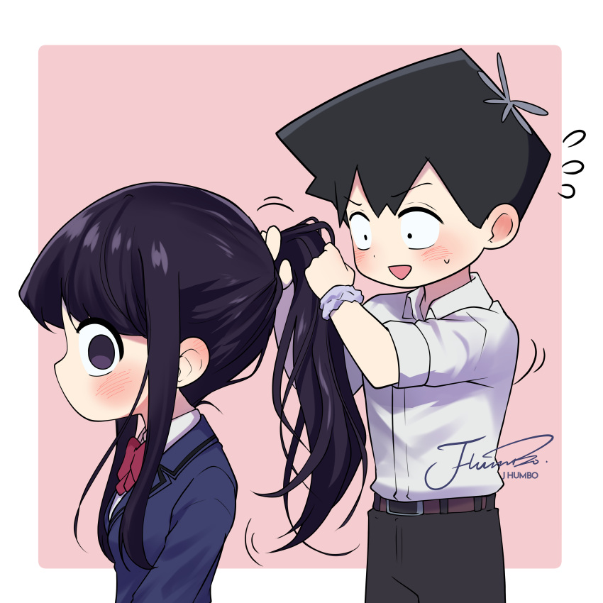 absurdres artist_name belt black_hair black_pants blazer blue_jacket blush brown_belt chibi collared_shirt commentary dress_shirt flower flying_sweatdrops from_side hair_flower hair_ornament hands_up highres holding holding_hair j_humbo jacket komi-san_wa_komyushou_desu komi_shouko long_hair long_sleeves looking_at_another looking_at_viewer motion_lines no_mouth no_nose pants pink_background ponytail profile purple_eyes purple_hair school_uniform shirt shirt_tucked_in signature simple_background tadano_hitohito white_shirt