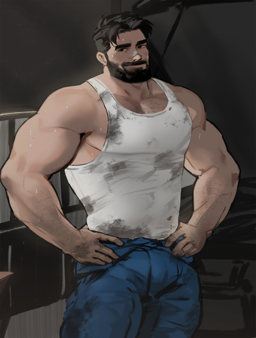 1boy bara beard blue_jumpsuit cowboy_shot dirty dirty_clothes dopey_(dopq) facial_hair full_beard highres jumpsuit large_pectorals looking_at_viewer male_focus mature_male muscular muscular_male open_jumpsuit original paid_reward_available pectorals short_hair solo standing sweat tank_top thick_beard thick_eyebrows white_tank_top