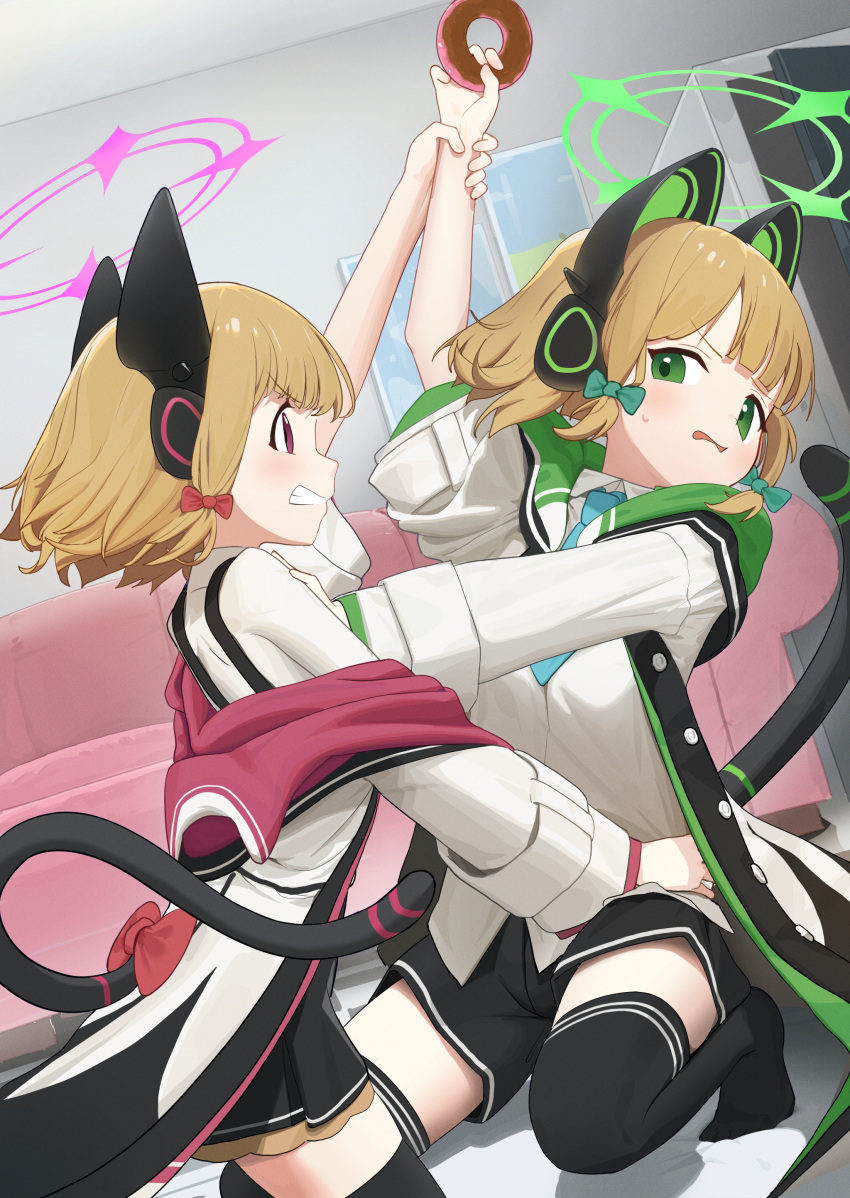 2girls absurdres animal_ear_headphones animal_ears arm_up black_shorts black_skirt black_thighhighs blonde_hair blue_archive blue_necktie blush bow clenched_teeth collared_shirt commentary_request couch doughnut dress_shirt fake_animal_ears food green_eyes halo headphones highres holding holding_food hub_(havu_obi) indoors jacket long_sleeves midori_(blue_archive) momoi_(blue_archive) multiple_girls necktie no_shoes off_shoulder on_floor open_clothes open_jacket parted_lips pleated_skirt profile purple_eyes red_bow shirt shorts siblings sisters skirt suspender_skirt suspenders sweat tail teeth thighhighs twins v-shaped_eyebrows white_shirt