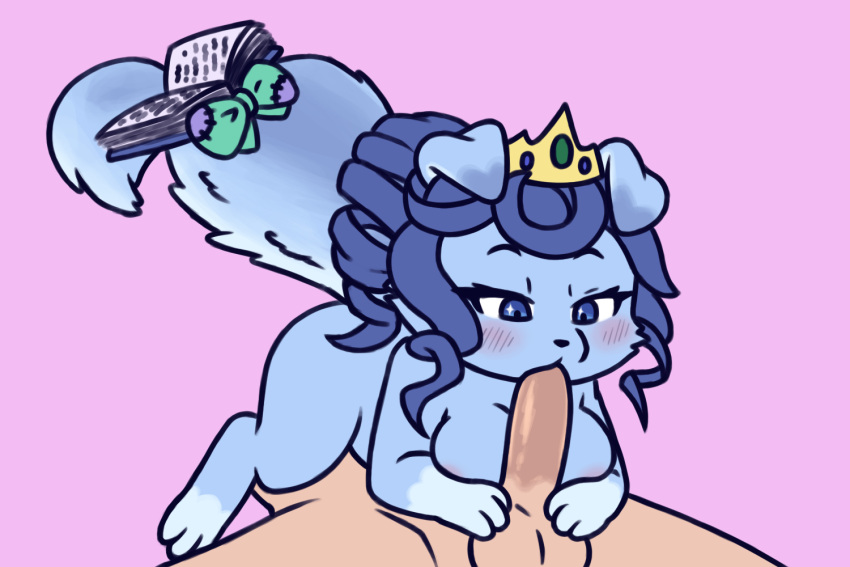 3_fingers 3_toes accessory anthro balls blue_body blue_eyes blue_fur blue_hair blush blush_lines book bow_ribbon breast_squish breasts canid canine canis cheek_tuft crown curled_hair digitigrade domestic_dog duel_monster duo eyelashes facial_tuft fairy_tail-rella feet fellatio female female_on_top fingers fluffy fluffy_tail fur furgonomics genitals gradient_fur hair headgear holding_balls holding_penis human humanoid_genitalia humanoid_penis interspecies looking_down male male/female mammal on_top on_top_of_belly oral paws penile penis ponytail ribbons sex simple_background size_difference solo_focus squish tail tail_accessory tail_bow tail_ribbon toes toffee tuft yu-gi-oh!