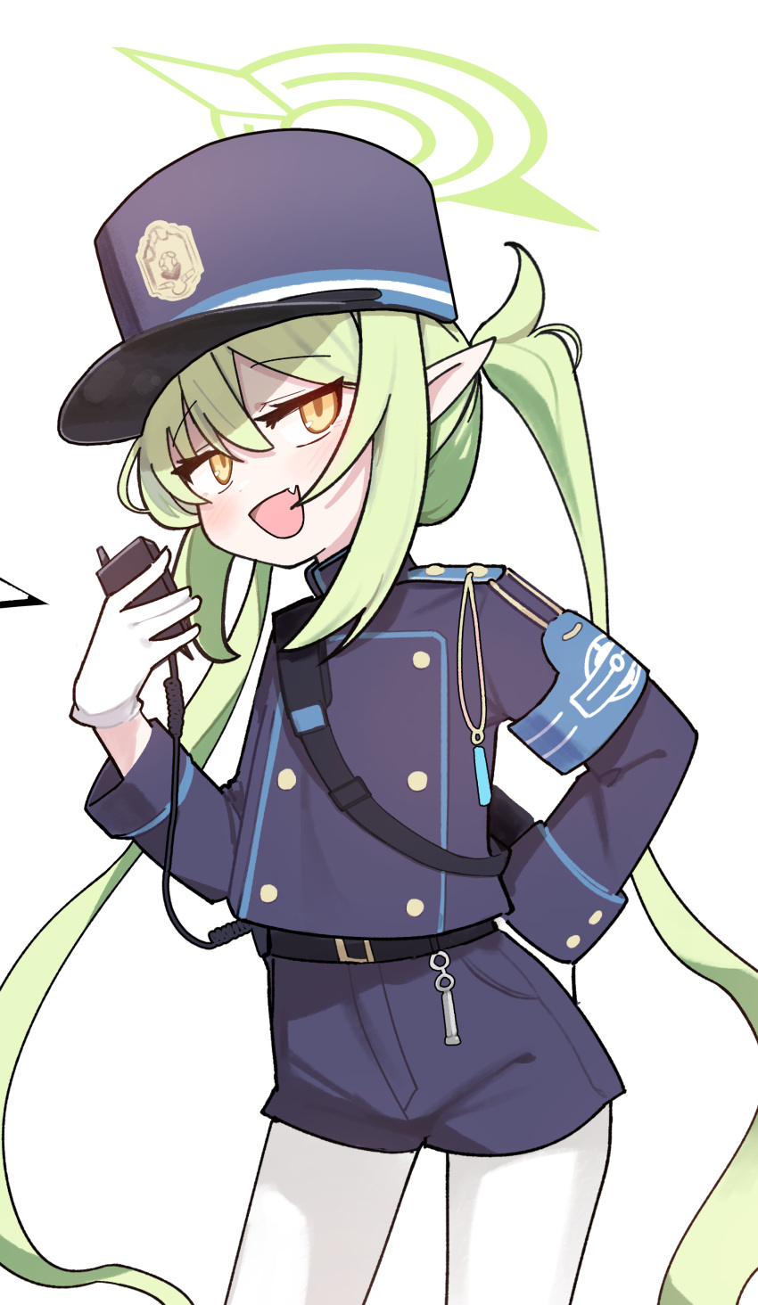 1girl absurdres black_hat black_shirt black_shorts blue_archive blush cowboy_shot eggrice_v fang gloves green_hair green_halo halo hat highlander_twintails_conductor_(blue_archive) highres long_hair long_sleeves looking_at_viewer open_mouth pantyhose peaked_cap shirt shorts simple_background skin_fang smile solo twintails white_background white_gloves white_pantyhose yellow_eyes