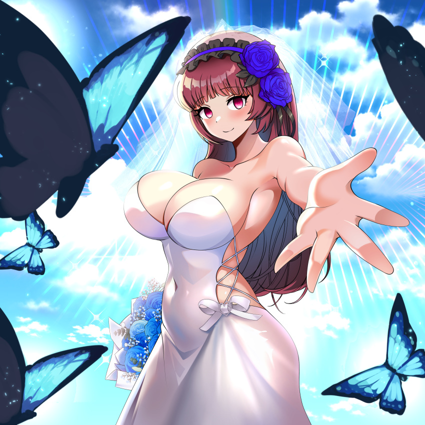 absurd_res arthropod bouquet bow_(feature) breasts bride butterfly cleavage clothed clothing dress extended_arm female flower_accessory fully_clothed hi_res human human_focus insect lepidopteran looking_at_viewer mammal mature_female not_furry portrait sky skyscape smile solo three-quarter_portrait wedding wedding_dress