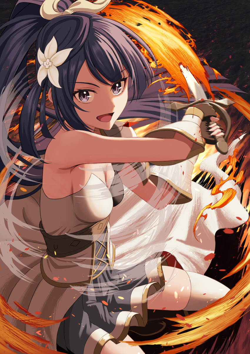 1girl absurdres armor black_dress black_hair breasts cleavage commentary_request dress fire flower hair_flower hair_ornament highres holding holding_sword holding_weapon long_hair looking_at_viewer love_live! love_live!_nijigasaki_high_school_idol_club open_mouth pauldrons ponytail shoulder_armor sidelocks single_pauldron small_breasts solo strapless strapless_dress sword thighhighs upper_body wachida_01d weapon white_dress white_flower white_thighhighs yuki_setsuna_(love_live!)