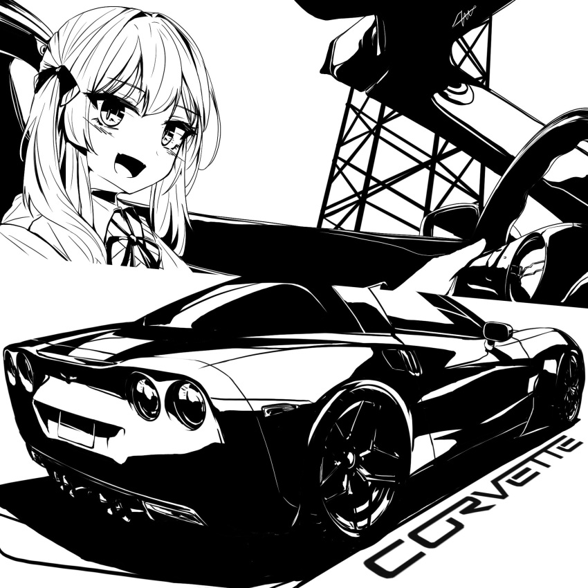 1girl car chevrolet chevrolet_corvette chevrolet_corvette_c6 collared_shirt fang greyscale hair_between_eyes highres hood hood_down hoodie looking_at_viewer monochrome motor_vehicle multiple_views nougat_(73r1r1) open_mouth original shirt skin_fang smile steering_wheel vehicle_focus vehicle_interior vehicle_name