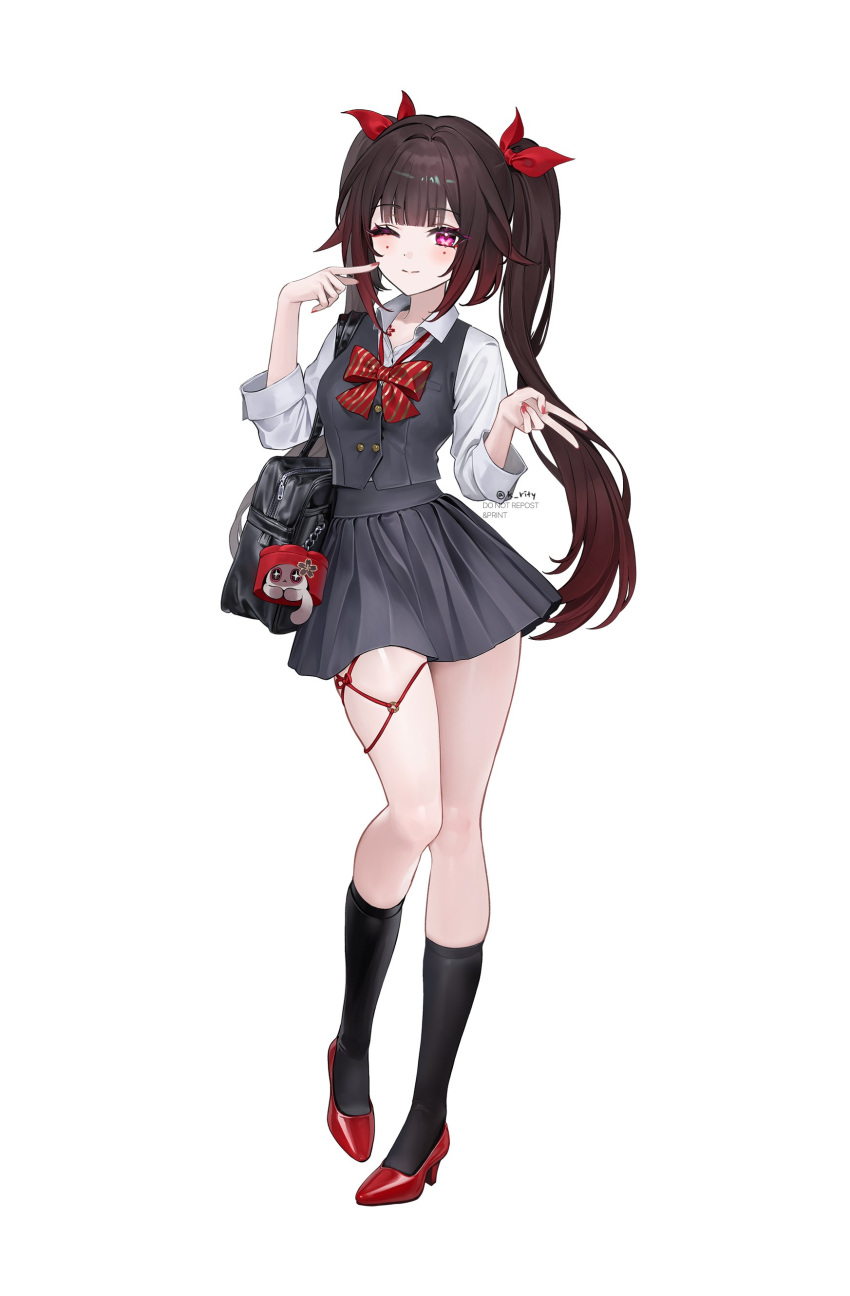 1girl absurdres alternate_costume bag black_bag black_hair black_socks bow bowtie butterfly-shaped_pupils closed_mouth collar collared_shirt critter_pick_(honkai:_star_rail) finger_to_cheek full_body grey_skirt gyaru_v high_heels highres honkai:_star_rail honkai_(series) kneehighs long_hair looking_at_viewer one_eye_closed pink_eyes red_bow red_bowtie red_footwear rity school_bag school_uniform shirt sidelocks simple_background skirt smile socks solo sparkle_(honkai:_star_rail) standing symbol-shaped_pupils twintails twitter_username v white_background white_collar white_shirt