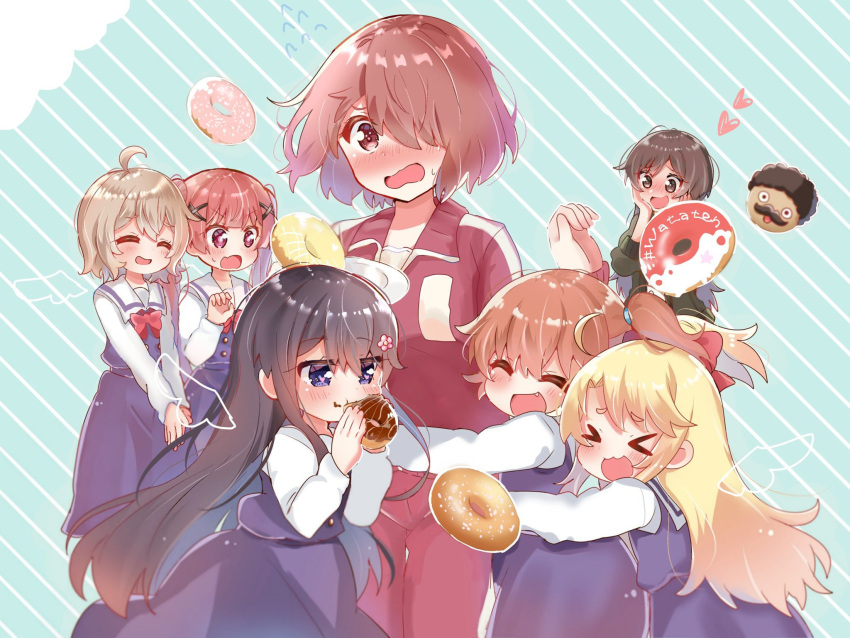 1boy 6+girls black_hair blonde_hair blue_background blue_dress blue_eyes blush bow brown_eyes brown_hair chest_bow closed_eyes cloud doughnut dress eating flower food green_shirt hair_bow hair_flower hair_ornament hands_on_own_cheeks hands_on_own_face heart higero_(wataten) highres himesaka_noa holding holding_food hoshino_hinata hoshino_miyako_(wataten) hug jacket konomori_kanon long_hair long_sleeves looking_at_another matsumoto_kouko multiple_girls one_eye_covered open_mouth own_hands_together pants pink_flower red_bow red_eyes red_hair red_jacket red_pants red_ribbon red_track_suit ribbon sailor_collar school_uniform shirosaki_hana shirt short_hair short_twintails sleeves_past_elbows tanemura_koyori track_jacket track_pants twintails watashi_ni_tenshi_ga_maiorita! white_sailor_collar white_sleeves xhfn4743