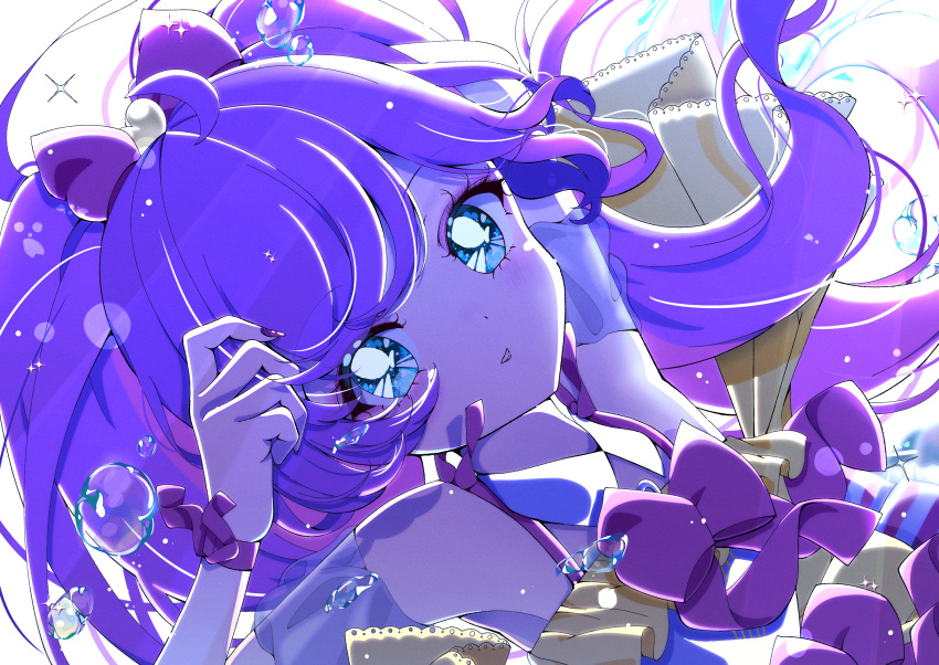 1girl ahoge air_bubble arm_up backlighting blue_eyes bow bubble commentary_request floating_hair hair_bow hand_up highres idol_clothes long_hair looking_at_viewer manaka_laala milon_cas parted_lips pink_bow pretty_series pripara purple_hair solo sparkle twintails upper_body very_long_hair white_background