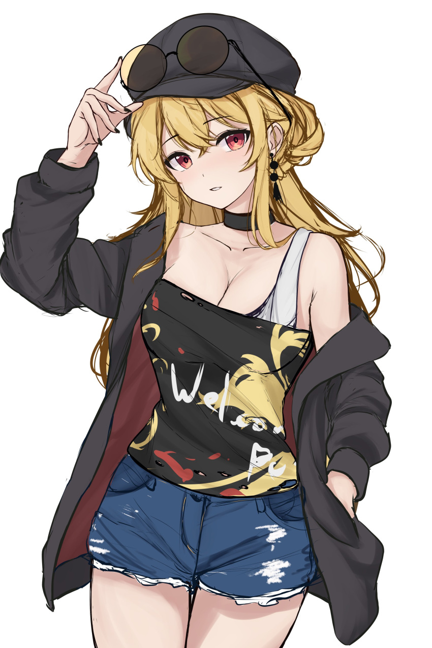 1girl absurdres alternate_costume alternate_hairstyle black_shirt blonde_hair blue_shorts blush breasts cabbie_hat cleavage clothes_writing commentary contemporary eyewear_on_head hat highres junko_(touhou) long_hair long_sleeves looking_at_viewer orchid_(orukido) parted_lips red_eyes round_eyewear shirt short_shorts shorts simple_background solo touhou white_background