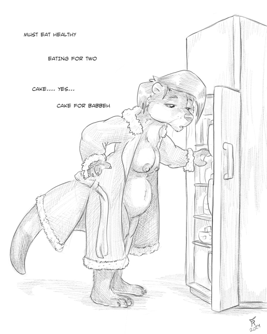 2024 anthro appliance bouncyotter breasts clothed clothing dialogue dipstick_tail english_text female flinters fridge fur greyscale hair half-closed_eyes hi_res kitchen_appliance mammal markings monochrome mustelid narrowed_eyes nipples open_clothing open_robe otter pregnant pregnant_anthro pregnant_female robe tail tail_markings text whiskers
