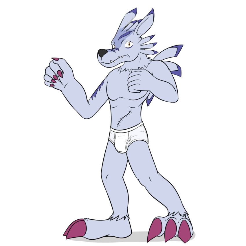 anthro bandai_namco barefoot blue_body blue_fur briefs briefs_only bulge claws clothed clothing digimon digimon_(species) feet fur fuze hi_res male purple_claws purple_eyes shadow simple_background solo teeth_showing tighty_whities topless translucent translucent_briefs translucent_clothing translucent_underwear underwear underwear_only weregarurumon white_background white_briefs white_clothing white_underwear