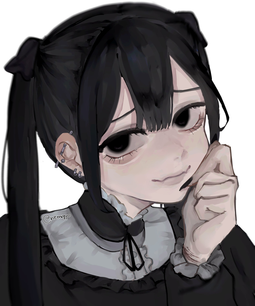 1girl absurdres aegyo_sal ashita_watashi_wa_dareka_no_kanojo black_eyes black_hair black_nails black_ribbon blunt_bangs closed_mouth commentary_request ear_piercing earrings fangs fingernails fukamori_kotori hair_ribbon hand_on_own_cheek hand_on_own_face hand_up highres jewelry jirai_kei long_hair long_sleeves looking_at_viewer nail_polish piercing ribbon self-harm self-harm_scar sharp_fingernails sidelocks simple_background skin_fangs smile solo takahashi_yua twintails upper_body white_background