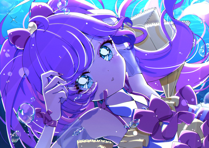 1girl ahoge air_bubble arm_up backlighting blue_background blue_eyes bow bubble commentary_request floating_hair hair_bow hand_up highres idol_clothes long_hair looking_at_viewer manaka_laala milon_cas parted_lips pink_bow pretty_series pripara purple_hair solo sparkle twintails underwater upper_body very_long_hair