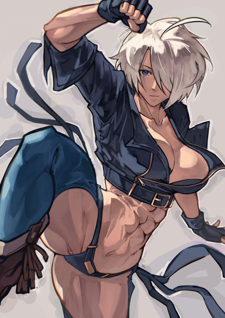 1girl abs absurdres angel_(kof) backless_pants blue_eyes boots bra breasts chaps cleavage cowboy_boots crop_top cropped_jacket fingerless_gloves gloves hair_over_one_eye highres jacket large_breasts leather leather_jacket leather_pants looking_at_viewer midriff muscular muscular_female navel panties pants short_hair simple_background snk solo strapless strapless_bra syachiiro the_king_of_fighters the_king_of_fighters_xiv toned underwear white_hair