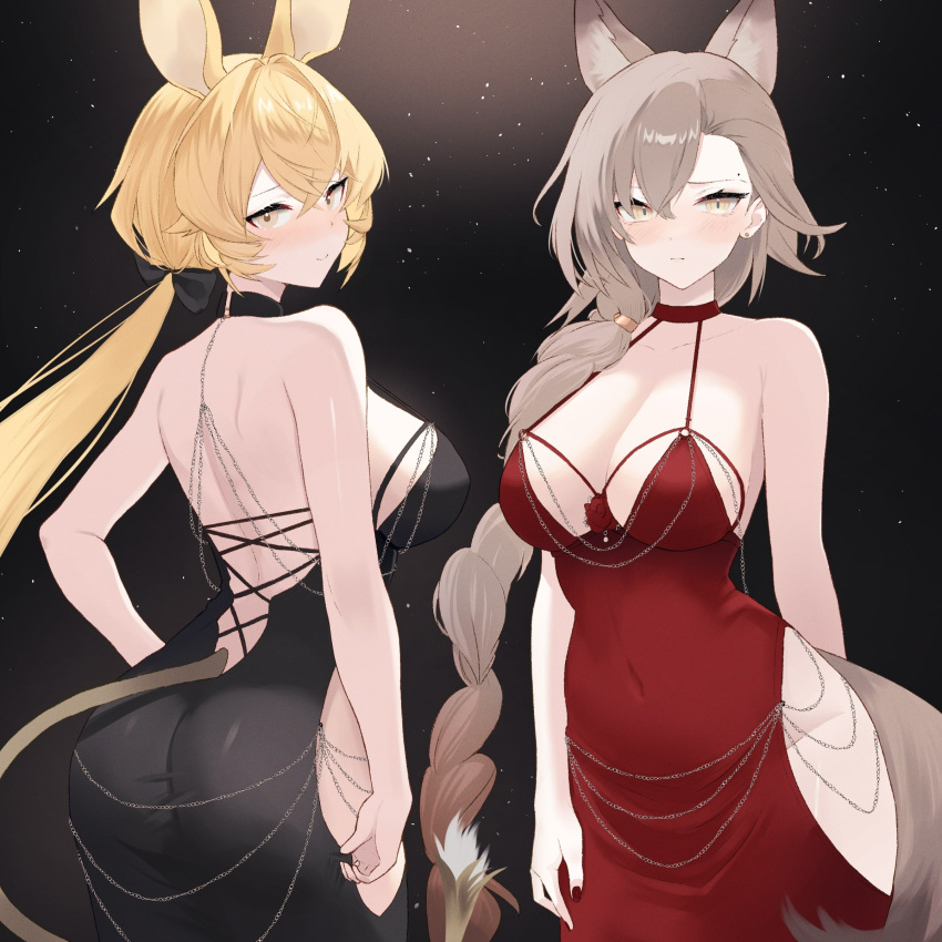 2girls absurdres aliasing animal_ears arknights ass backless_dress backless_outfit bare_shoulders black_background black_dress blonde_hair blush breasts brown_hair brown_tail chain cleavage closed_mouth commentary_request covered_navel cowboy_shot crossed_bangs dorothy_(arknights) dr.lamina dress embarrassed fingernails groin hair_between_eyes halter_dress halterneck highres hip_vent large_breasts light_particles long_hair looking_at_viewer mole_above_eye mole_on_forehead multiple_girls partial_commentary penance_(arknights) red_dress standing tail yellow_eyes