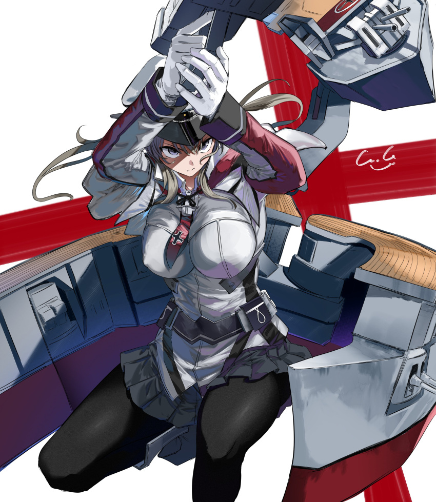 1girl absurdres adapted_turret anti-aircraft_gun black_gloves black_pantyhose blonde_hair blue_eyes blush breasts cannon capelet celtic_knot cross flight_deck gegeron gloves graf_zeppelin_(kancolle) hair_between_eyes hat highres iron_cross kantai_collection large_breasts long_hair looking_at_viewer military military_hat military_uniform pantyhose peaked_cap rigging sidelocks signature skirt solo twintails uniform