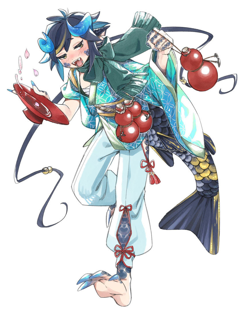 1girl alcohol animal_ears animal_feet animal_hands baggy_pants barefoot blue_eyes blue_hair blue_horns blue_kimono blue_scales blush chest_sarashi chinese_zodiac claws commentary_request cup dragon_ears dragon_girl dragon_horns fangs fins fish_tail full_body gourd green_scarf hands_up highres hip_vent holding holding_cup holding_gourd horns japanese_clothes kimono long_sleeves looking_at_viewer monster_girl multicolored_eyes notched_ear open_mouth original pants pink_petals rramarukun running sakazuki sake sarashi scales scarf short_hair_with_long_locks simple_background solo tail white_background wide_sleeves year_of_the_dragon yellow_eyes