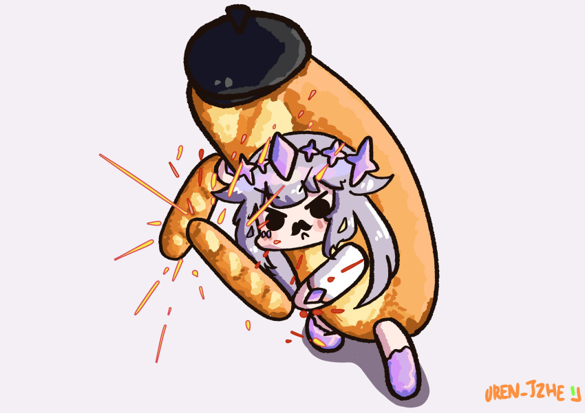 1girl absurdres baguette beret black_beret bread chibi circlet dual_wielding face_jewel facial_hair food food-themed_weapon food_costume gem_hair_ornament hat highres holding holoadvent hololive hololive_english jewel_under_eye koseki_bijou long_hair mustache orangejuicezhe purple_footwear purple_hair twitter_username very_long_hair